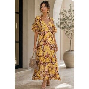 NWOT By TiMo Midi Dress Georgette Yellow Floral Print Ruffle Sleeve Flowy Size M
